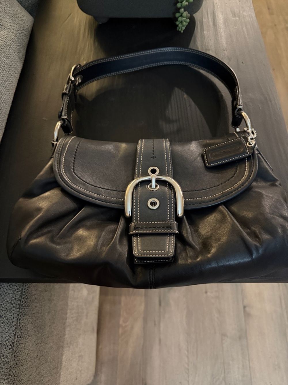 Coach Black Leather Shoulder Bag with Buckle Accent